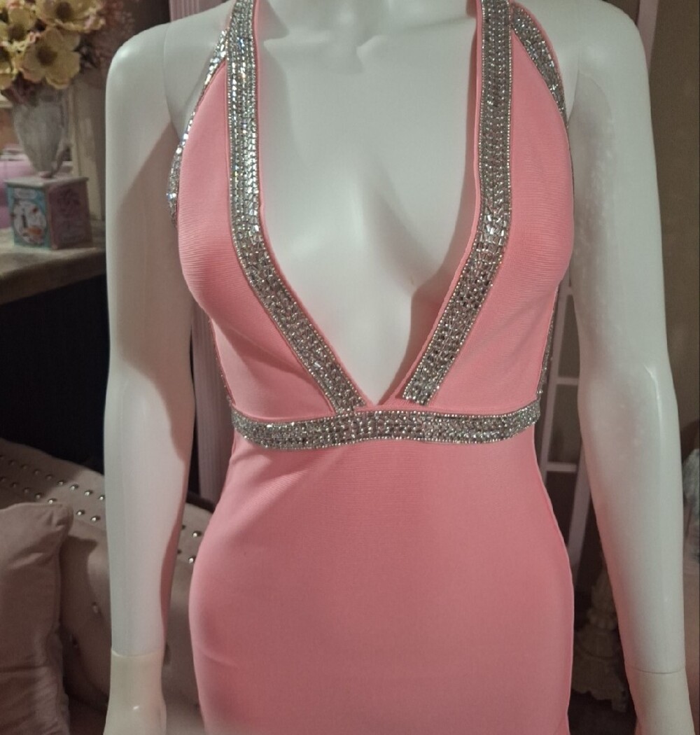 Pink Rhinestone Embellished Plunge Halter Bodycon Mini Dress NWT Size XS - Picture 6 of 8